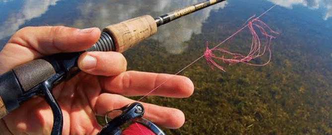 Braided fishing line wind knot tangle on a spinning reel ready for line management fixes