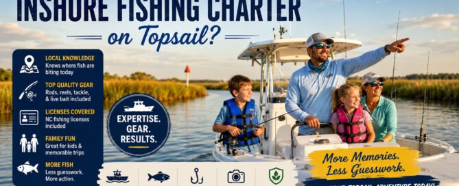 Family enjoying an inshore fishing charter on Topsail Island with a local captain fishing the calm marsh waters at sunrise.