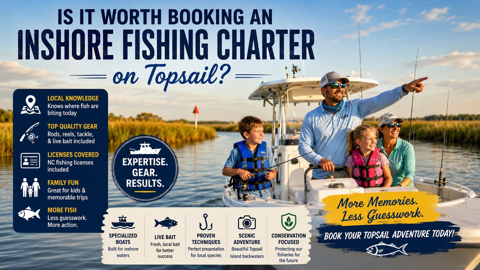 Family enjoying an inshore fishing charter on Topsail Island with a local captain fishing the calm marsh waters at sunrise.