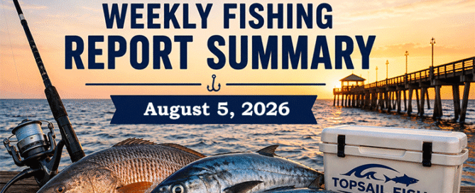 Topsail Area Weekly Fishing Report Summary for August 5, 2026 featuring red drum, speckled trout, Spanish mackerel, and current fishing conditions around Topsail Island, North Carolina.