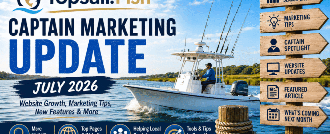 Topsail.Fish Captain Marketing Update for July 2026 highlighting website growth, Google Search performance, featured captain, website updates, and monthly marketing insights for the Greater Topsail Island fishing community.