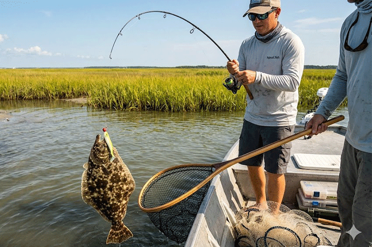 Large flounder being landed with a net in the shallow marsh waters of Topsail Island