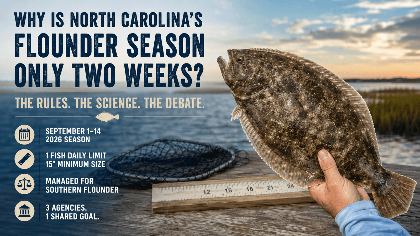 Southern flounder illustrating North Carolina's limited recreational flounder season and explaining the regulations, fisheries science, and management by the N.C. Division of Marine Fisheries, Marine Fisheries Commission, and Wildlife Resources Commission.