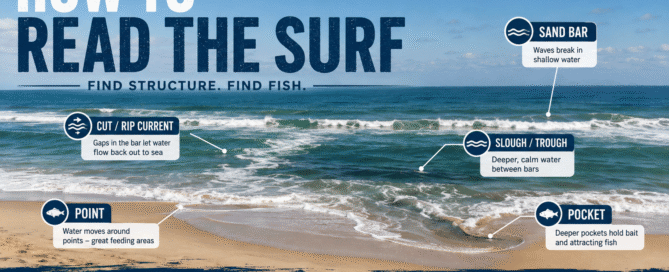 How to read the surf showing sandbars, sloughs, rip currents, points and pockets for surf fishing
