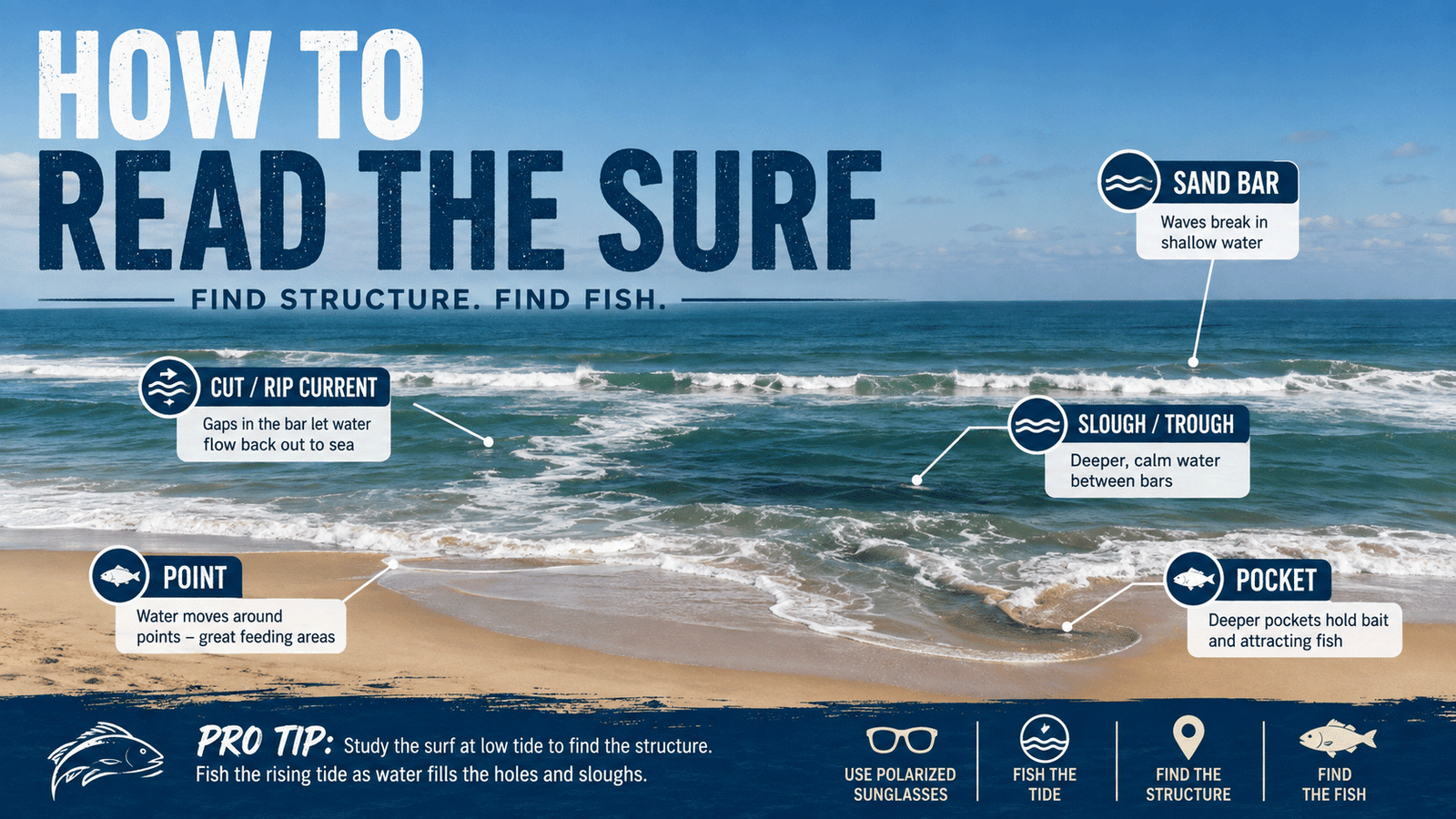 How to read the surf showing sandbars, sloughs, rip currents, points and pockets for surf fishing
