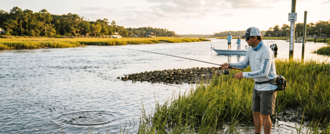 Angler wearing a Topsail.Fish shirt wades into the rising tide of the Intracoastal Waterway marsh to sight-cast.