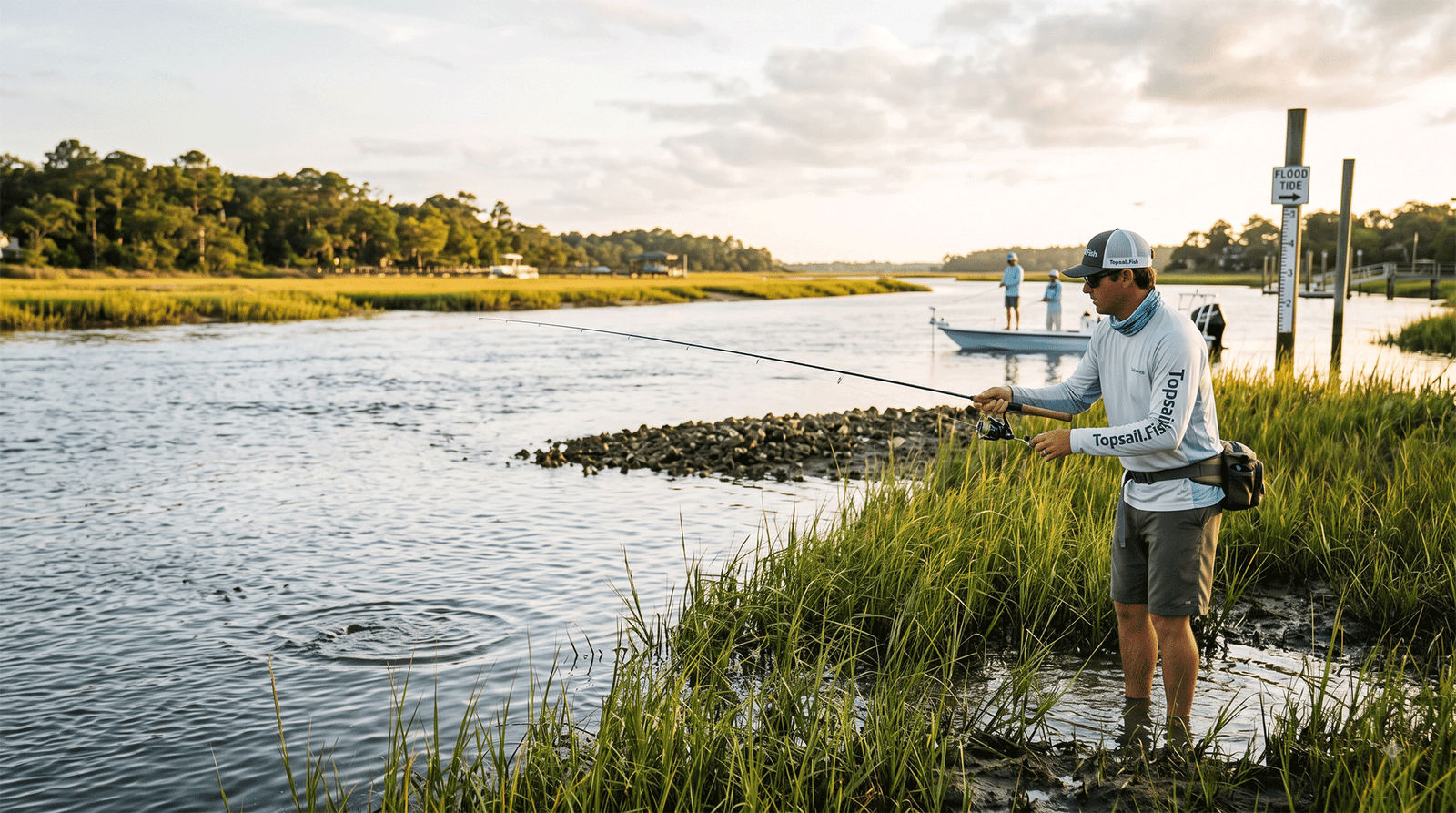 Angler wearing a Topsail.Fish shirt wades into the rising tide of the Intracoastal Waterway marsh to sight-cast.