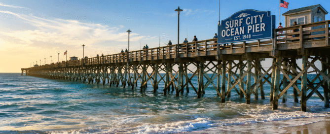 Angler rigging a bottom fishing setup on Surf City Ocean Pier in Topsail Island NC