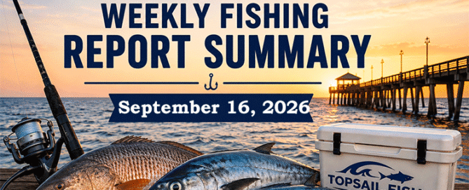 Featured image for the Topsail Area Weekly Fishing Report Summary for September 16, 2026 highlighting early fall fishing conditions around Topsail Island, including red drum, flounder, speckled trout, Spanish mackerel, bluefish, surf, pier, inshore, nearshore, and offshore fishing opportunities.