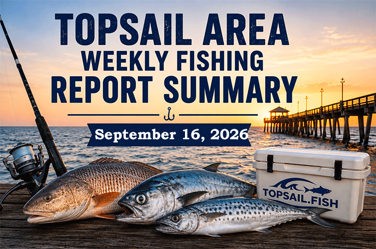Featured image for the Topsail Area Weekly Fishing Report Summary for September 16, 2026 highlighting early fall fishing conditions around Topsail Island, including red drum, flounder, speckled trout, Spanish mackerel, bluefish, surf, pier, inshore, nearshore, and offshore fishing opportunities.