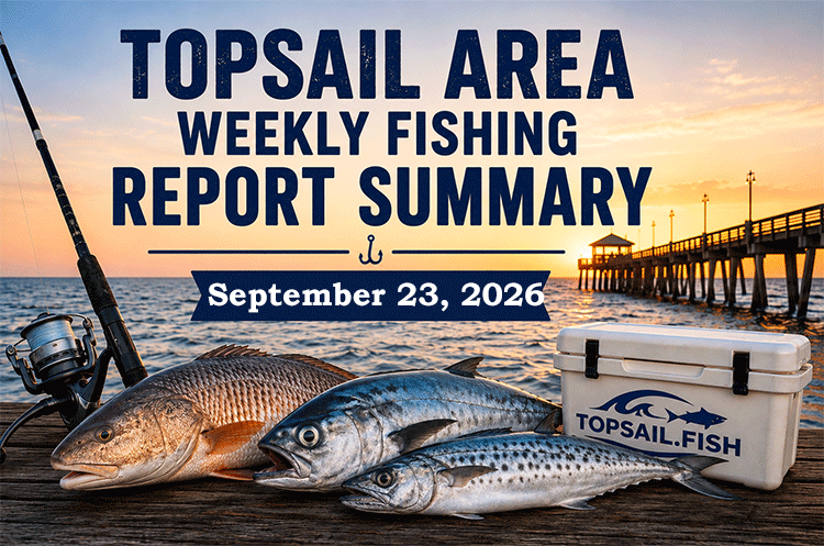 Featured image for the Topsail Area Weekly Fishing Report Summary for September 23, 2026 highlighting early fall fishing conditions around Topsail Island, including red drum, speckled trout, Spanish mackerel, bluefish, king mackerel, and false albacore.