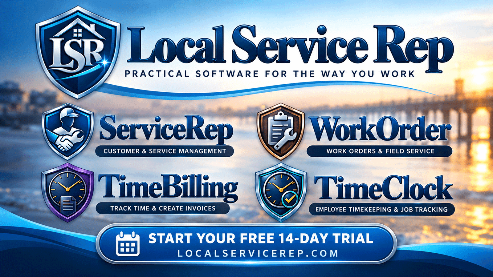 Local Service Rep affordable business software featuring ServiceRep, WorkOrder, TimeBilling and TimeClock, with a free 14-day trial.