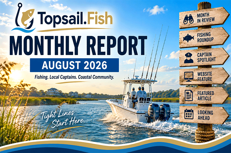 Topsail.Fish Monthly Report for August 2026 featuring summer fishing around Topsail Island