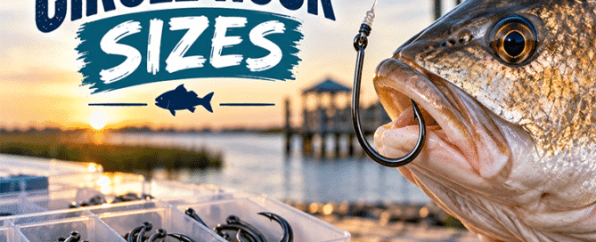 Circle hook sizes for Topsail Island fishing with assorted hooks and a fish
