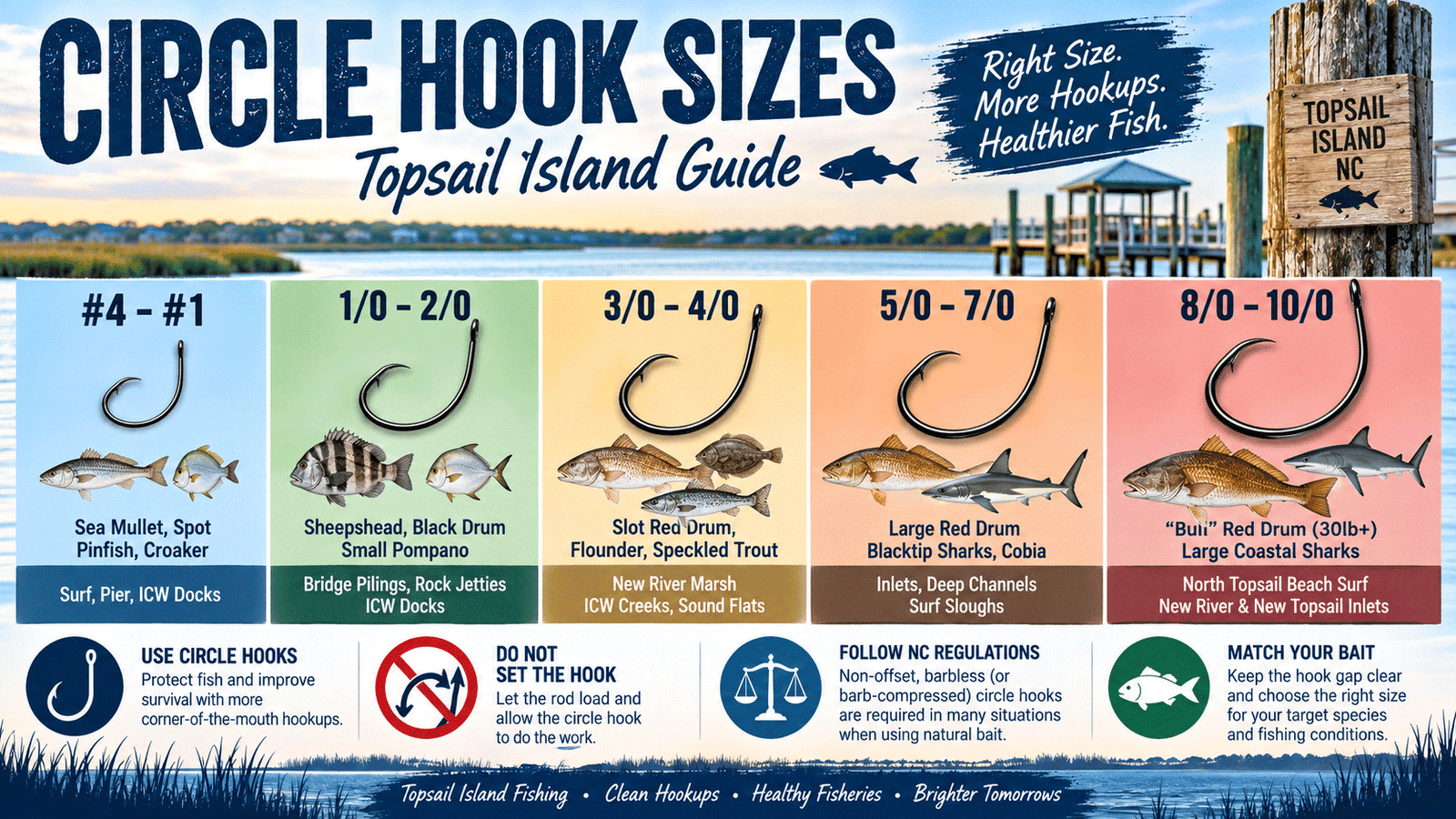 Circle hook size chart for Topsail Island fishing showing recommended hook sizes for common target species