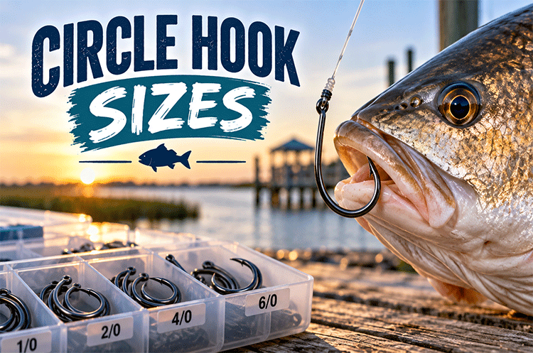 Circle hook sizes for Topsail Island fishing with assorted hooks and a fish