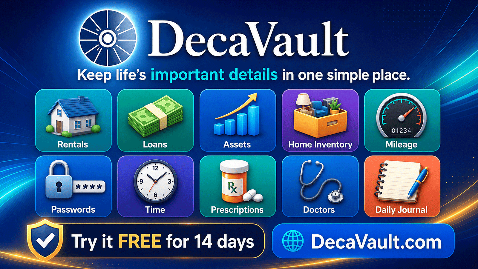 DecaVault advertisement featuring an all-in-one personal organization platform for tracking rentals, loans, assets, home inventory, mileage, passwords, time, prescriptions, doctors, and daily journal entries. Includes a 14-day free trial.