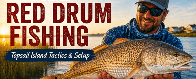 Fall red drum fishing on Topsail Island showing an angler with a redfish, fishing tactics, tackle setups and local hotspots