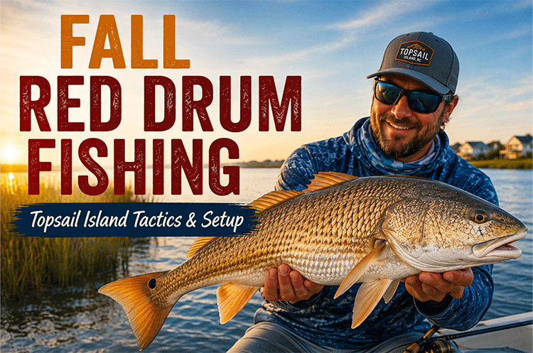 Fall red drum fishing on Topsail Island showing an angler with a redfish, fishing tactics, tackle setups and local hotspots