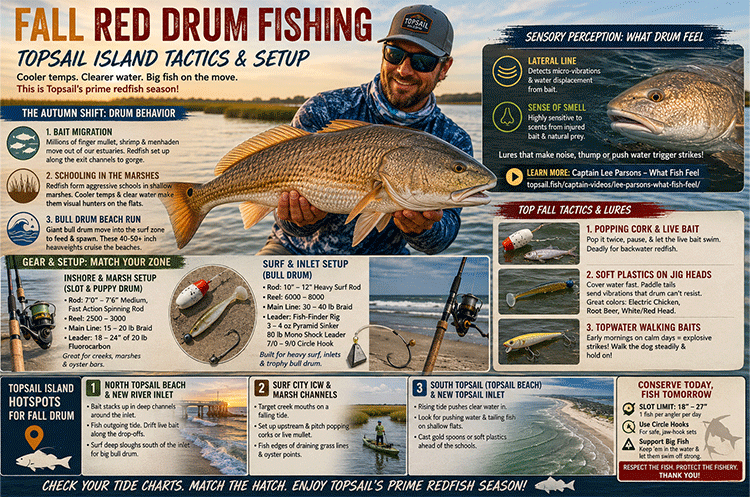 Fall red drum fishing on Topsail Island showing an angler with a redfish, fishing tactics, tackle setups and local hotspots - Infographic