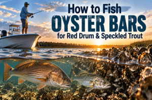 Red drum and speckled trout feeding around an oyster bar while an angler fishes from a boat