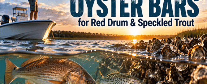 Red drum and speckled trout feeding around an oyster bar while an angler fishes from a boat