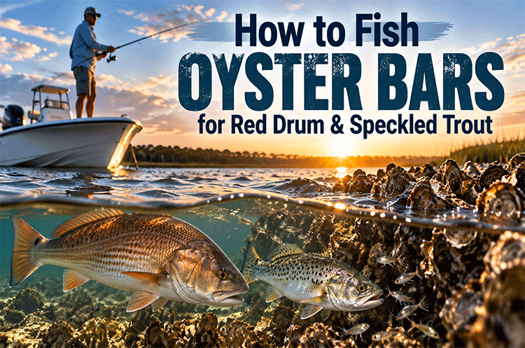 Red drum and speckled trout feeding around an oyster bar while an angler fishes from a boat