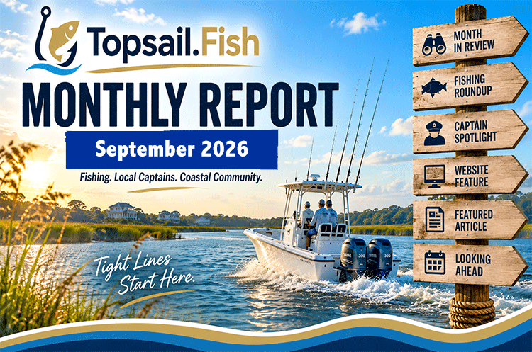 Topsail.Fish Monthly Report for September 2026 featuring summer fishing around Topsail Island