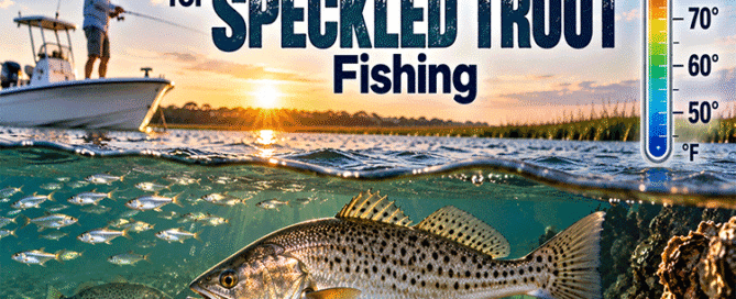 Speckled trout with water temperature gauge showing ideal conditions for speckled trout fishing