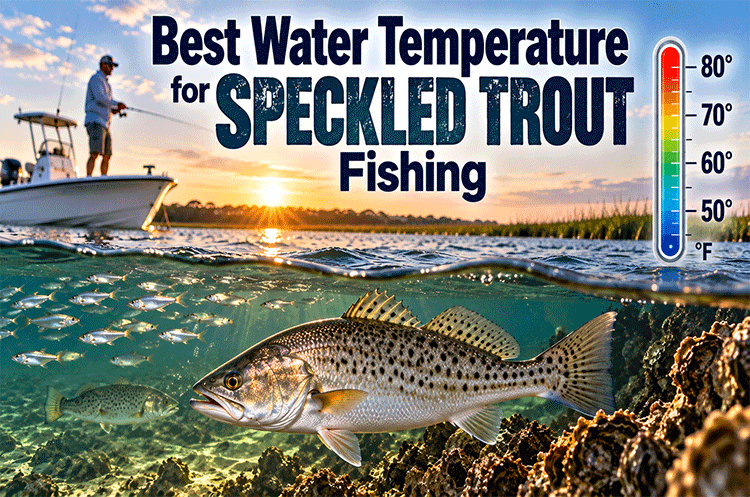 Speckled trout with water temperature gauge showing ideal conditions for speckled trout fishing