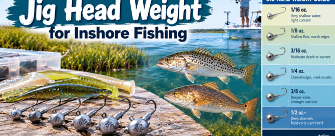 Fishing jig heads in five weights from 1/16 to 3/8 ounce displayed with soft plastic lures and a speckled trout