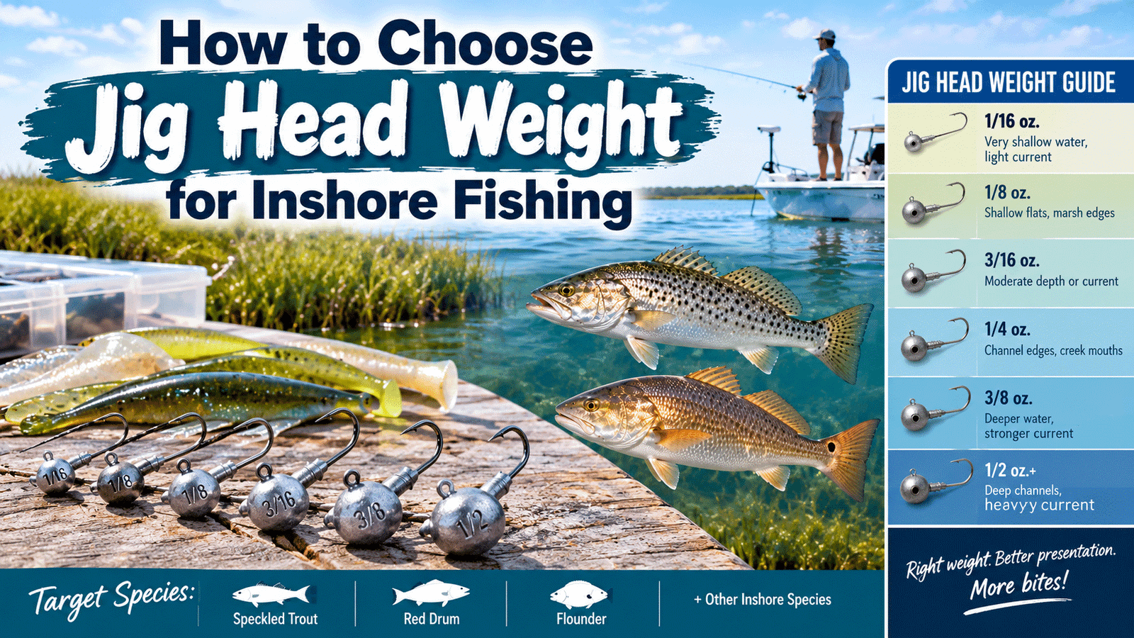 Fishing jig heads in five weights from 1/16 to 3/8 ounce displayed with soft plastic lures and a speckled trout