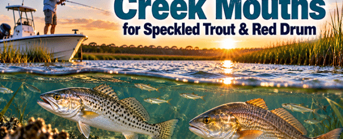 Angler fishing a tidal creek mouth where speckled trout and red drum feed along marsh edges and moving water