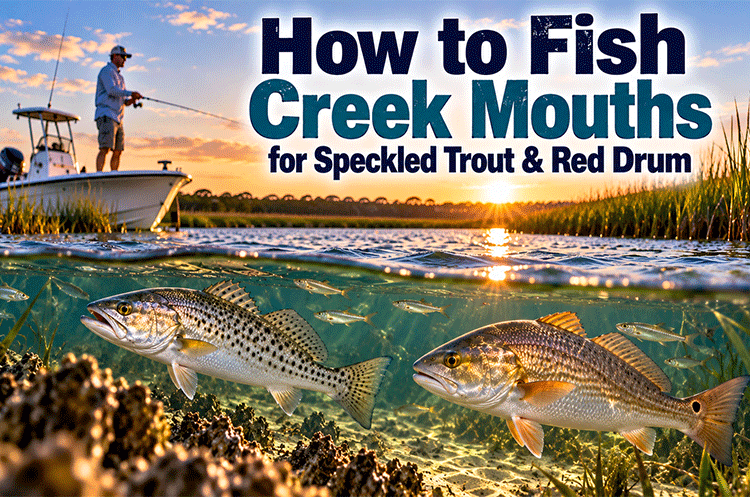 Angler fishing a tidal creek mouth where speckled trout and red drum feed along marsh edges and moving water